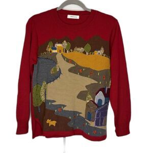 Pregiato Soft Red Knit Sweater Embroidered Rural Farm Scene Cottage Granny S/M
